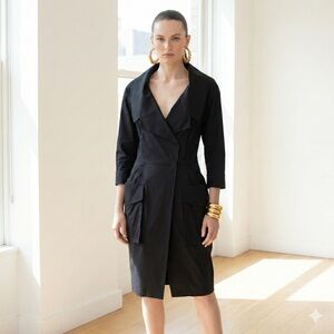 Vintage Donna Karan New York 1990s Black Cotton Utility Cargo Dress - 6 (Small)